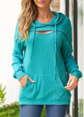Cyan tops,Plain Color tops,ROTITA Lace Up Cyan Long Sleeve Hoodie