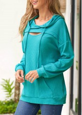Cyan tops,Plain Color tops,ROTITA Lace Up Cyan Long Sleeve Hoodie