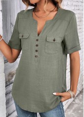 Sage Green tops,Plain Color tops,ROTITA Button Sage Green Split Neck Short Sleeve Blouse