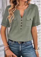 Sage Green tops,Plain Color tops,ROTITA Button Sage Green Split Neck Short Sleeve Blouse