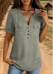 Sage Green tops,Plain Color tops,ROTITA Button Sage Green Split Neck Short Sleeve Blouse