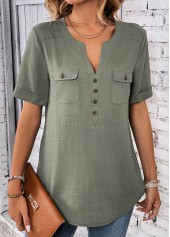 Sage Green tops,Plain Color tops,ROTITA Button Sage Green Split Neck Short Sleeve Blouse