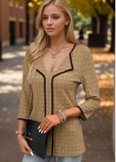 Dark Camel tops,Plain Color tops,ROTITA Contrast Binding Dark Camel V Neck Blouse