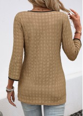 Dark Camel tops,Plain Color tops,ROTITA Contrast Binding Dark Camel V Neck Blouse