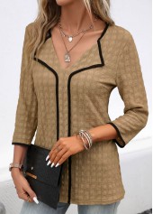 Dark Camel tops,Plain Color tops,ROTITA Contrast Binding Dark Camel V Neck Blouse
