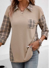 Light Coffee tops,Plaid tops,Geometric tops,Striped tops,ROTITA Patchwork Plaid Light Coffee V Neck Blouse