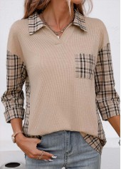 Light Coffee tops,Plaid tops,Geometric tops,Striped tops,ROTITA Patchwork Plaid Light Coffee V Neck Blouse
