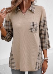 Light Coffee tops,Plaid tops,Geometric tops,Striped tops,ROTITA Patchwork Plaid Light Coffee V Neck Blouse