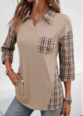Rotita-Patchwork-Karo-Bluse in hellem Kaffeebraun mit V-Ausschnitt