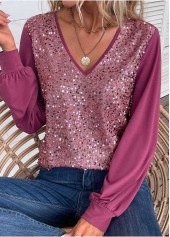 Dark Reddish Purple tops,Plain Color tops,ROTITA Sequin Dark Reddish Purple V Neck Long Sleeve Blouse