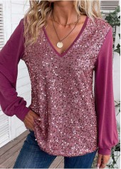 Dark Reddish Purple tops,Plain Color tops,ROTITA Sequin Dark Reddish Purple V Neck Long Sleeve Blouse