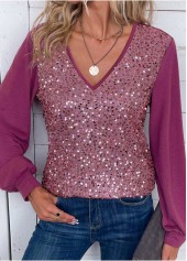 Dark Reddish Purple tops,Plain Color tops,ROTITA Sequin Dark Reddish Purple V Neck Long Sleeve Blouse