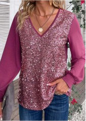 Dark Reddish Purple tops,Plain Color tops,ROTITA Sequin Dark Reddish Purple V Neck Long Sleeve Blouse