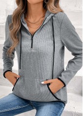 Grey tops,Plain Color tops,ROTITA Zipper Pocket Grey Long Sleeve Hoodie
