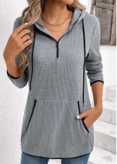 Grey tops,Plain Color tops,ROTITA Zipper Pocket Grey Long Sleeve Hoodie