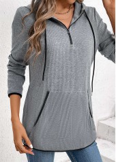 Grey tops,Plain Color tops,ROTITA Zipper Pocket Grey Long Sleeve Hoodie