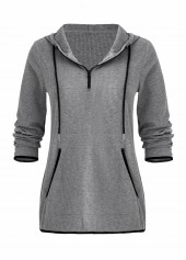 Grey tops,Plain Color tops,ROTITA Zipper Pocket Grey Long Sleeve Hoodie