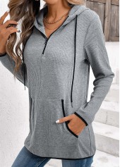 Grey tops,Plain Color tops,ROTITA Zipper Pocket Grey Long Sleeve Hoodie