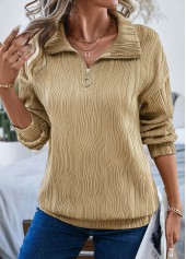 ROTITA Zipper Light Camel Turn Down Collar Long Sleeve Sweatshirt