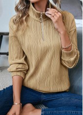 Light Camel tops,Plain Color tops,ROTITA Zipper Light Camel Turn Down Collar Long Sleeve Sweatshirt
