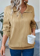 Light Camel tops,Plain Color tops,ROTITA Zipper Light Camel Turn Down Collar Long Sleeve Sweatshirt