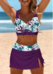 Purple swimwear,Plants swimwear,ROTITA Drawstring Purple Leaf Print Mid Waisted Bikini Set