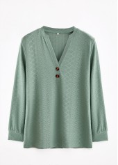Green tops,Plain Color tops,ROTITA Button Green Split Neck Long Sleeve T Shirt