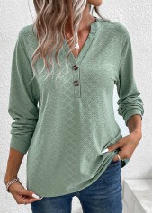 Green tops,Plain Color tops,ROTITA Button Green Split Neck Long Sleeve T Shirt