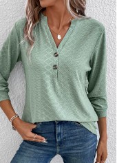Green tops,Plain Color tops,ROTITA Button Green Split Neck Long Sleeve T Shirt