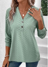 Green tops,Plain Color tops,ROTITA Button Green Split Neck Long Sleeve T Shirt