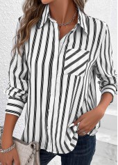White tops,Striped tops,ROTITA Pocket Striped White Shirt Collar Long Sleeve Blouse