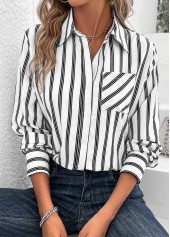 White tops,Striped tops,ROTITA Pocket Striped White Shirt Collar Long Sleeve Blouse