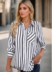 White tops,Striped tops,ROTITA Pocket Striped White Shirt Collar Long Sleeve Blouse