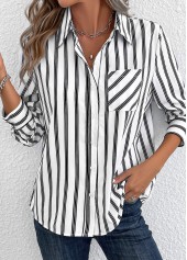 White tops,Striped tops,ROTITA Pocket Striped White Shirt Collar Long Sleeve Blouse
