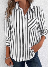 White tops,Striped tops,ROTITA Pocket Striped White Shirt Collar Long Sleeve Blouse
