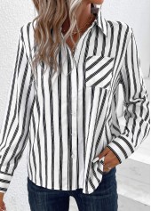White tops,Striped tops,ROTITA Pocket Striped White Shirt Collar Long Sleeve Blouse