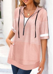 Dusty Pink tops,Striped tops,ROTITA Pocket Striped Dusty Pink Half Sleeve Hoodie