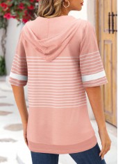 Dusty Pink tops,Striped tops,ROTITA Pocket Striped Dusty Pink Half Sleeve Hoodie
