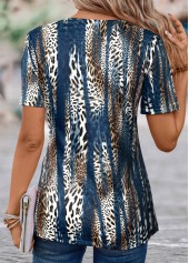 Peacock Blue tops,Leopard tops,Striped tops,ROTITA Fake 2in1 Leopard Peacock Blue T Shirt