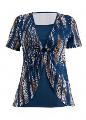 Peacock Blue tops,Leopard tops,Striped tops,ROTITA Fake 2in1 Leopard Peacock Blue T Shirt