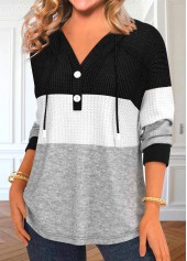 Black tops,Grey tops,Contrast Color tops,ROTITA Patchwork Black Contrast Long Sleeve Hoodie