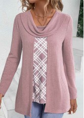 Dusty Purple tops,Plaid tops,ROTITA Plaid Dusty Purple Draped Neck Fake Two Piece Twinset