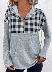 Rotita Pocket Plaid hellgrauer Langarm-Kapuzenpullover