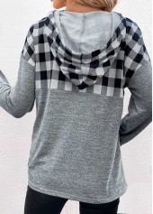 Light Grey tops,Plaid tops,Striped tops,Geometric tops,ROTITA Pocket Plaid Light Grey Long Sleeve Hoodie