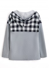 Light Grey tops,Plaid tops,Striped tops,Geometric tops,ROTITA Pocket Plaid Light Grey Long Sleeve Hoodie