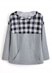Light Grey tops,Plaid tops,Striped tops,Geometric tops,ROTITA Pocket Plaid Light Grey Long Sleeve Hoodie