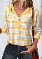 Yellow tops,Plaid tops,Striped tops,Geometric tops,ROTITA Patchwork Plaid Yellow Long Sleeve Hoodie