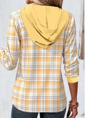 Yellow tops,Plaid tops,Striped tops,Geometric tops,ROTITA Patchwork Plaid Yellow Long Sleeve Hoodie