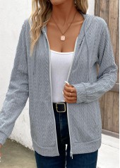 Light Grey tops,Plain Color tops,Pocket Light Grey Hooded Long Sleeve Coat