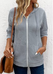 Light Grey tops,Plain Color tops,Pocket Light Grey Hooded Long Sleeve Coat